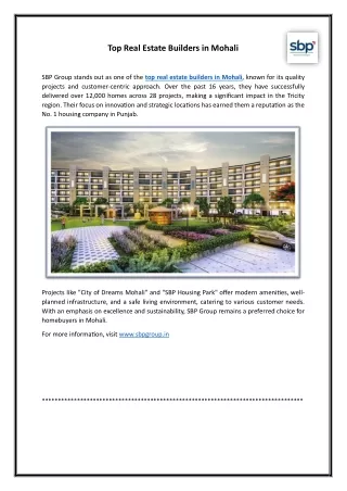 Top Real Estate Builders in Mohali