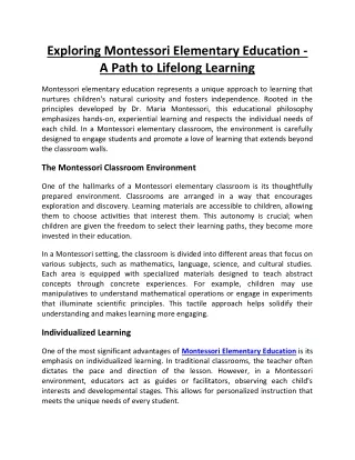 Exploring Montessori Elementary Education - A Path to Lifelong Learning