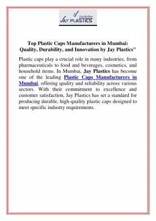 Top Plastic Caps Manufacturers in Mumbai Quality, Durability, and Innovation by Jay Plastics