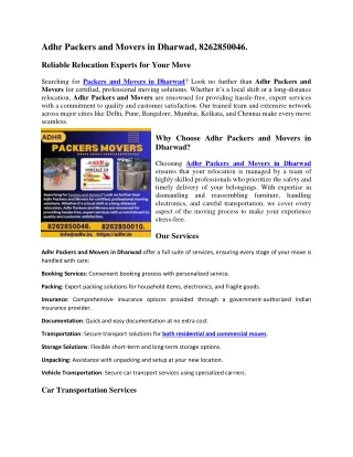 Packers and Movers in Dharwad