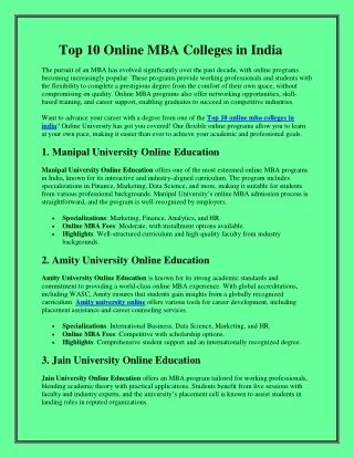 Top 10 Online MBA Colleges in India