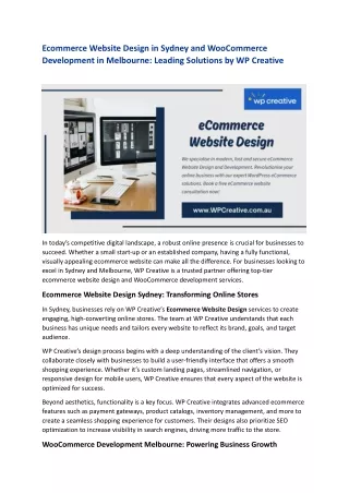Ecommerce Website Design in Sydney and WooCommerce Development in Melbourne Leading Solutions by WP Creative