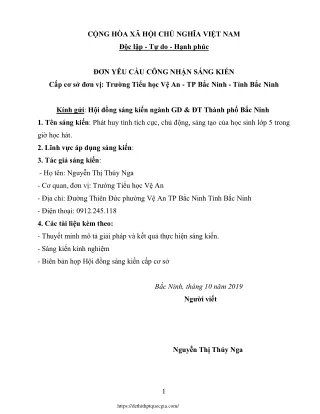 Phát huy tính tích cực, chủ động, sáng tạo của học sinh Lớp 5 trong giờ học hát
