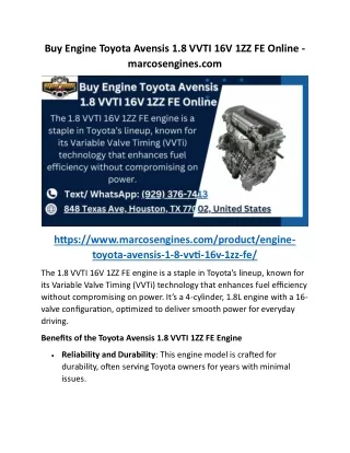 Buy Engine Toyota Avensis 1.8 VVTI 16V 1ZZ FE Online - marcosengines.com