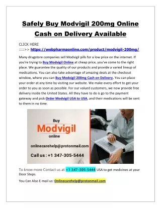 Safely Buy Modvigil 200mg Online Cash on Delivery Available