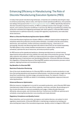 Enhancing Efficiency in Manufacturing: The Role of Discrete Manufacturing Execut