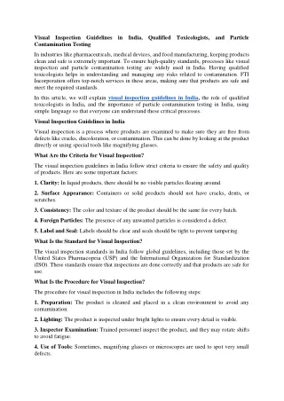 Visual Inspection Guidelines in India, Qualified Toxicologists, and Particle Con