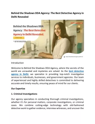 Behind the Shadows DDA Agency: The Best Detective Agency in Delhi Revealed