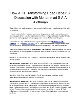 How AI Is Transforming Road Repair: A  Discussion with Mohammad S A A  Alothman