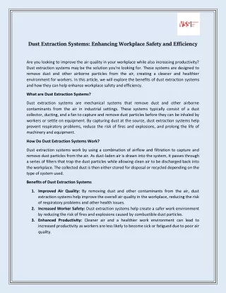 Dust Extraction Systems: Enhancing Workplace Safety and Efficiency