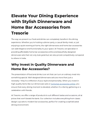 Elevate Your Dining Experience with Stylish Dinnerware and Home Bar Accessories from Tresorie