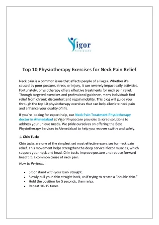 Top 10 Physiotherapy Exercises for Neck Pain Relief