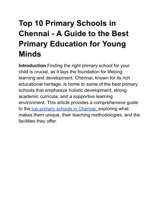 Top 10 Primary Schools in Chennai - A Guide to the Best Primary Education for Yo