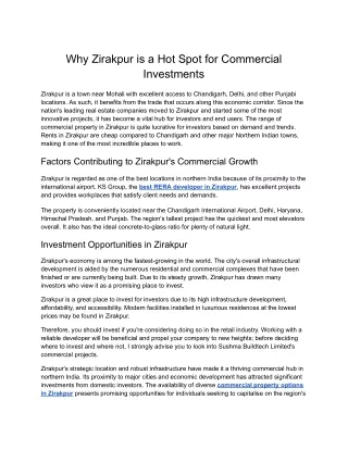 KS Group- Why Zirakpur is a Hot Spot for Commercial Investments