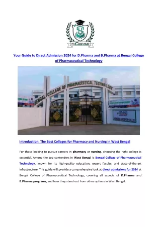 Your Guide to Direct Admission 2024 for D.Pharma and B.Pharma at Bengal College of Pharmaceutical Technology