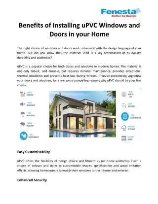 Benefits of Installing uPVC Windows and Doors in your Home