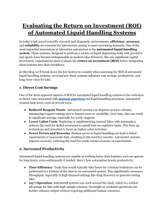 Evaluating the Return on Investment (ROI) of Automated Liquid Handling Systems