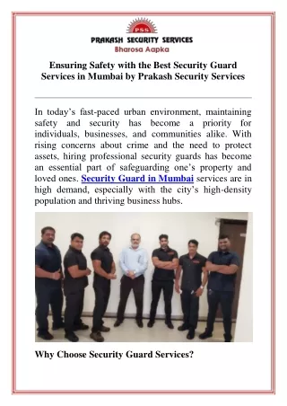 Ensuring Safety with the Best Security Guard Services in Mumbai by Prakash Security Services