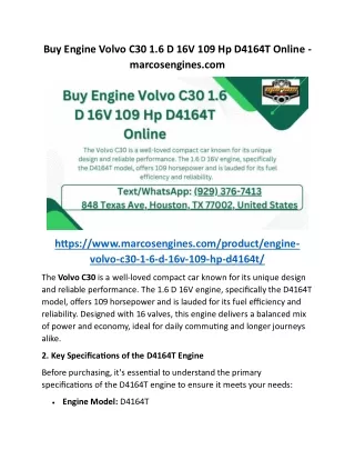Buy Engine Volvo C30 1.6 D 16V 109 Hp D4164T Online - marcosengines.com