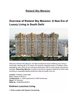 Risland Sky Mansion in Chattarpur, South Delhi | Buy Apartments & Penthouses