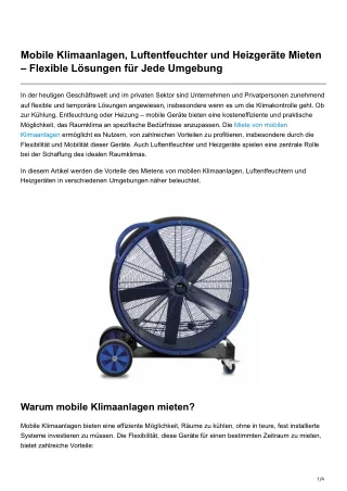 Mobile Klimaanlagen Luftentfeuchter und Heizgeräte Mieten Flexible Lösungen für Jede Umgebung