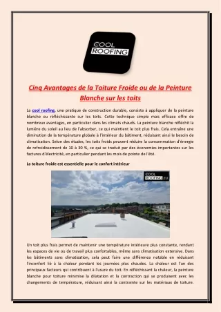 Cinq Avantages de la Toiture Froide ou de la Peinture Blanche sur les toits