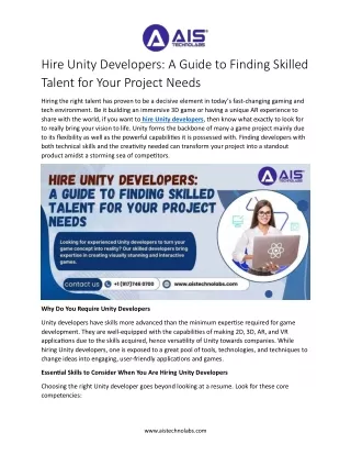 Hire Unity Developers A Guide to Finding Skilled Talent for Your Project Needs