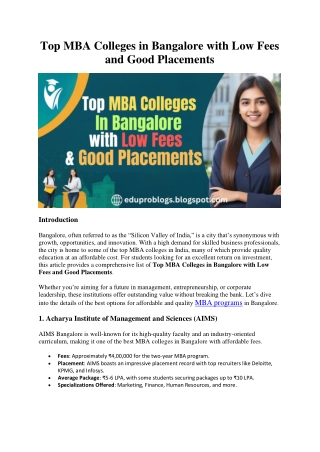 Top MBA Colleges in Bangalore with Low Fees and Good Placements