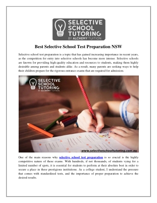 Best Selective School Test Preparation NSW