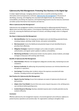 Cybersecurity Risk Management: Protecting Your Business in the Digital Age