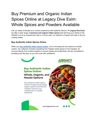 Buy Premium and Organic Indian Spices Online at Legacy Dive Exim_ Whole Spices and Powders Available