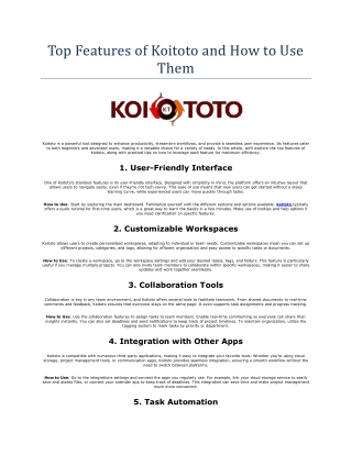 Top Features of Koitoto