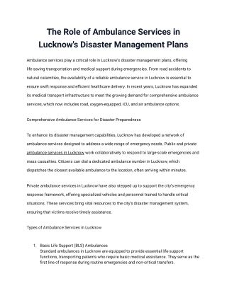 The Role of Ambulance Services in Lucknow's Disaster Management Plans