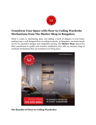 Transform Your Space with Floor-to-Ceiling Wardrobe Mechanisms from The Shutter Shop in Bangalore