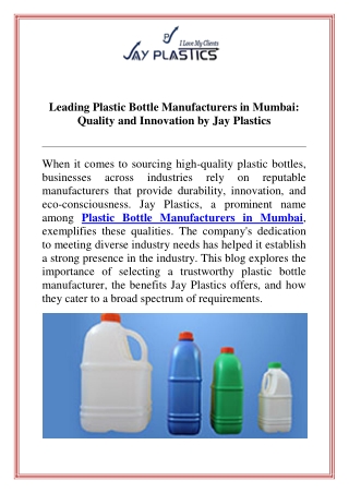 Leading Plastic Bottle Manufacturers in Mumbai Quality and Innovation by Jay Plastics