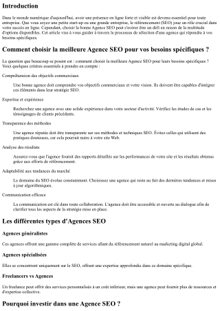 Comment choisir la meilleure Agence SEO pour vos besoins spécifiques ?