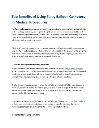 Top Benefits of Using Foley Balloon Catheters in Medical Procedures