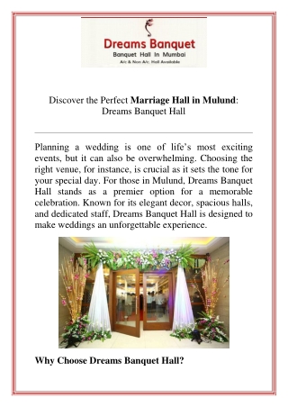 Discover the Perfect Marriage Hall in Mulund Dreams Banquet Hall