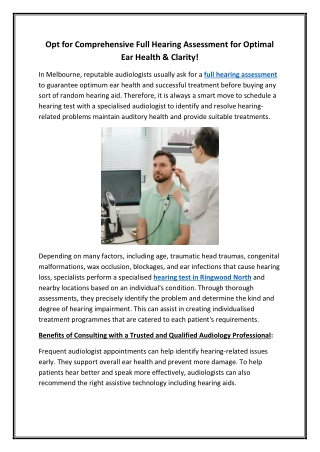 Opt for Comprehensive Full Hearing Assessment for Optimal Ear Health & Clarity!