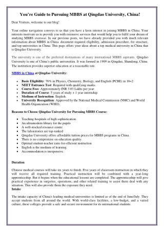You’re Guide to Pursuing MBBS at Qingdao University, China