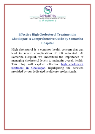 Effective High Cholesterol Treatment in Ghatkopar A Comprehensive Guide by Samartha Hospital