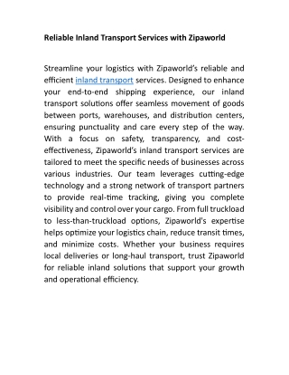 Reliable Inland Transport Services with Zipaworld