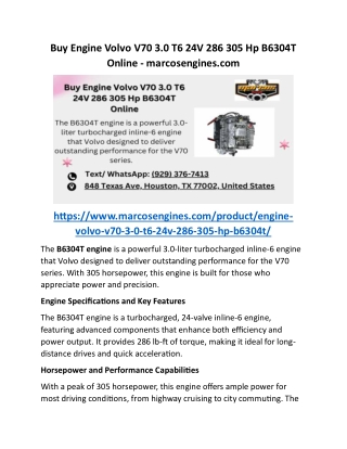 Buy Engine Volvo V70 3.0 T6 24V 286 305 Hp B6304T Online - marcosengines.com