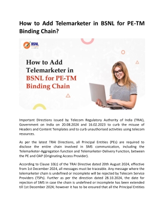 How to Add Telemarketer in BSNL for PE-TM Binding Chain