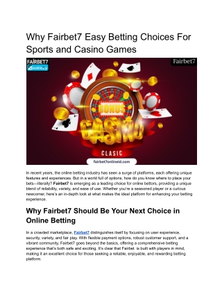 Why Fairbet7 Easy Betting Choices For Sports and Casino Games