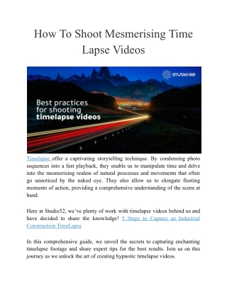 How To Shoot Mesmerising Time Lapse Videos