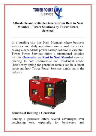 Affordable and Reliable Generator on Rent in Navi Mumbai Power Solutions by Tower Power Services