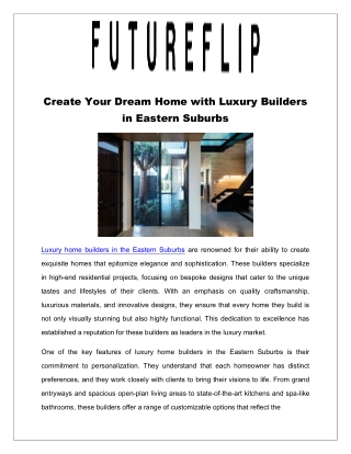Create Your Dream Home with Luxury Builders in Eastern Suburbs