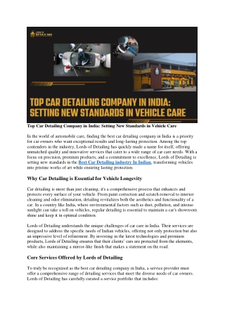 Top Car Detailing Company in India: Setting New Standards in Vehicle Care