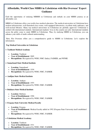 Affordable, World-Class MBBS in Uzbekistan with Ria Overseas’ Expert Guidance